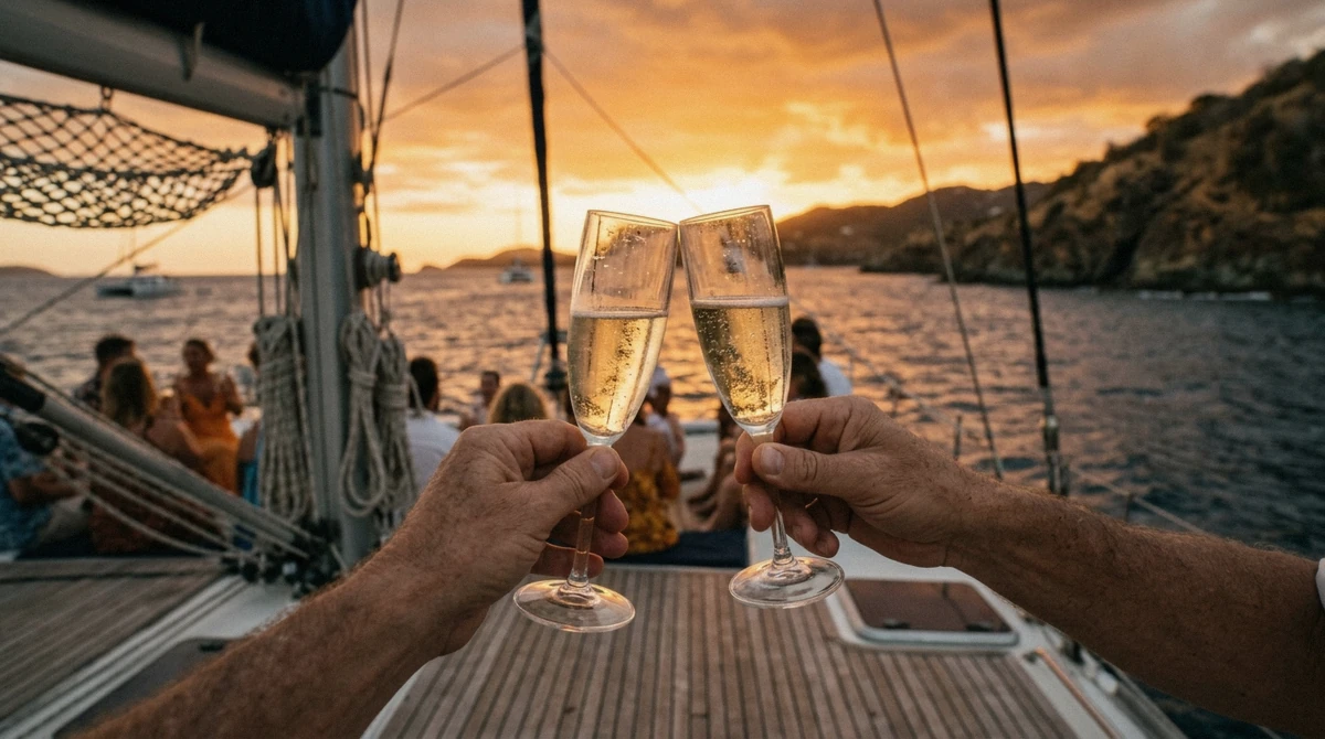 Glasses raised for a champagne toast at sunset aboard a St. Thomas sunset cruise catamaran