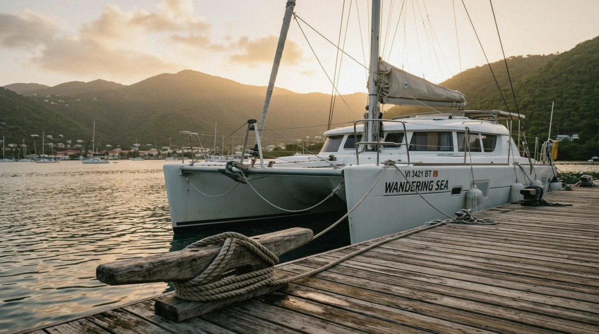 A catamaran at a St. Thomas marina in golden-hour light before the Champagne Sunset Sail from Margaritaville departs