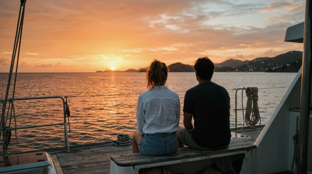 Travelers relaxing on the deck of a catamaran with the orange sky behind on a St. Thomas sunset cruise with open bar
