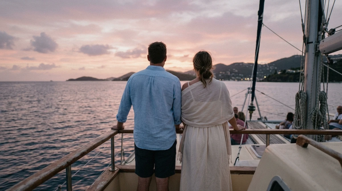 A couple in light layers at the rail of a catamaran during a St. Thomas sunset cruise with open bar as the sky turns pink